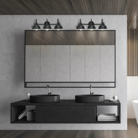 Barnyard 3 Light Vanity Fixture In Matte Black With White Interior Shades Dope Vintage Factory Vibe above double sink