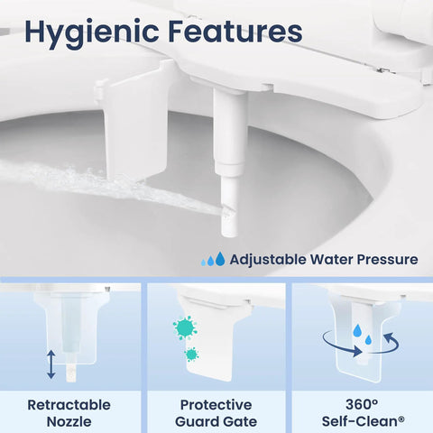 Neo 120 Plus Non Electric Bidet Attachment For Toilet Seat With One Nozzle showing retractable nozzle and features