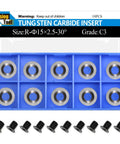 Ten Piece Round Tungsten Carbide Lathe Knife Inserts With Mounting Hardware For Woodturning Gear in a blue case with screws