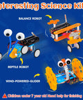 Six Piece Robot Kit Set For Kids 5 To 12 showing balance robot, reptile robot, and wind-powered glider against blue background.