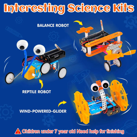 Six Piece Robot Kit Set For Kids 5 To 12 showing balance robot, reptile robot, and wind-powered glider against blue background.