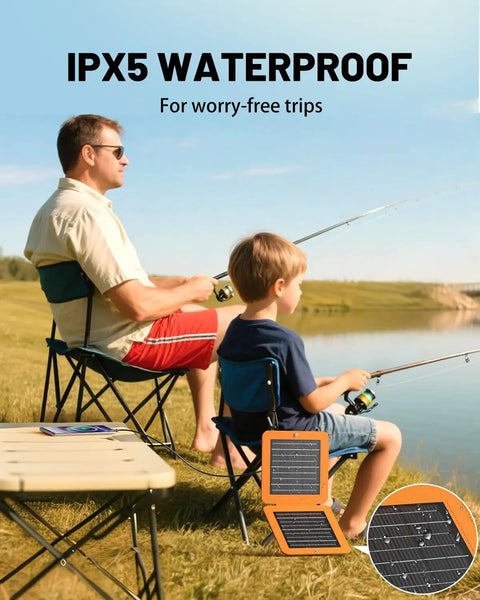 10W Solar Panel Charger with USB A and USB C fast charging in use during camping near a lake, IPX5 waterproof, foldable and portable.