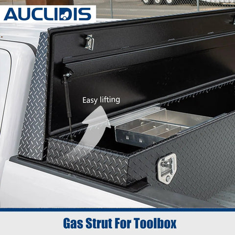 Open truck toolbox with gas strut lift support in use, Beefy 10 Inch Gas Strut Lift Support Replacement For Truck Toolbox RV Cabinet