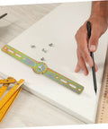 Cabilock adjustable angle hinge, rainbow-tinted metal mounting strip with gear wheel; screws and ruler nearby