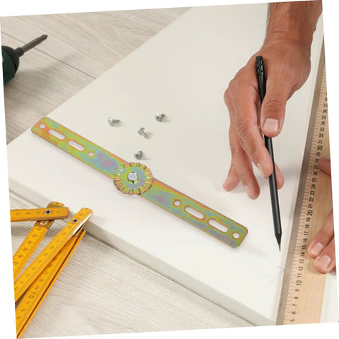 Cabilock adjustable angle hinge, rainbow-tinted metal mounting strip with gear wheel; screws and ruler nearby