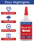 Metal Glue For Small Repairs DIY Ready Quick Dry Waterproof Bonding For Metals And Other Materials Instant Adhesion In Ten To Thirty Seconds Clear High Strength Formula With Anti Clog Cap bottle with highlights