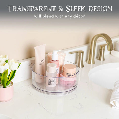 Two Pack Lazy Susan Turntables Clear Acrylic Carousel Storage For Fridge Pantry Cabinet Or Counter Tops Rotates 360 Degrees Keeps Spices Condiments Cosmetics And Snacks Organized And Easy To Reach with cosmetics on bathroom counter