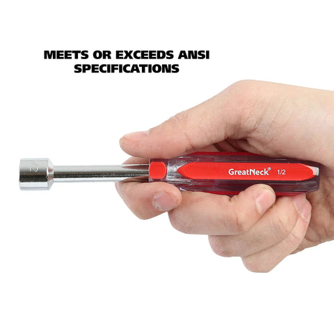 Hand holding SAE nut driver from Seven Piece SAE Nut Driver Set With Chrome Vanadium Steel Blades And Acetate Color Coded Handles