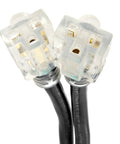 Heavy Duty Generator Extension Cord Splitter Adapts L14-30R Receptacle To Dual 5-20R Outlets with clear plugs and rugged wiring.