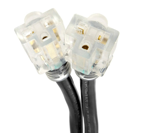 Heavy Duty Generator Extension Cord Splitter Adapts L14-30R Receptacle To Dual 5-20R Outlets with clear plugs and rugged wiring.