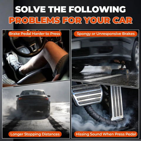 Image depicting car brake problems: hard pedal press, spongy brakes, longer stopping distances, hissing sounds during braking. Straight Swap Vacuum Power Brake Booster Built Tough For Smooth Stops Fits 2007 Through 2010 Lincoln Mkx Ford Edge Plus 2007 Through 2015 Mazda Cx9 With 3.5L And 3.7L V6 Engines.