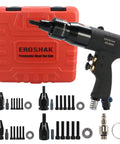 Pneumatic Rivet Nut Gun With Four Size Pro Grade Quick Change Nose Pieces Air Rivet Nut Setter Tool For Ten Twenty Four One Quarter Five Sixteenths And Three Eighths Includes Five Mandrels Per Size For Auto Body And DIY Projects shown with accessories.