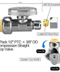 2 Pack Solid Brass Straight Stop Valves Quick Connect Shut Off Fittings 1/2 Inch PTC To 3/8 Inch Compression Output shown with valve lever and components.
