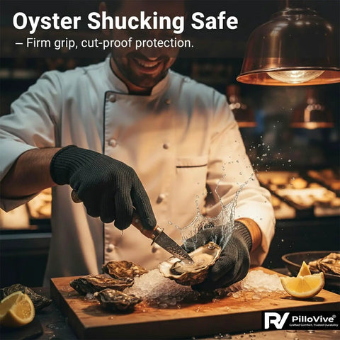 Chef using Pro Grade Cut Resistant Gloves Level 5 Food Safe With Stainless Steel Wire for oyster shucking