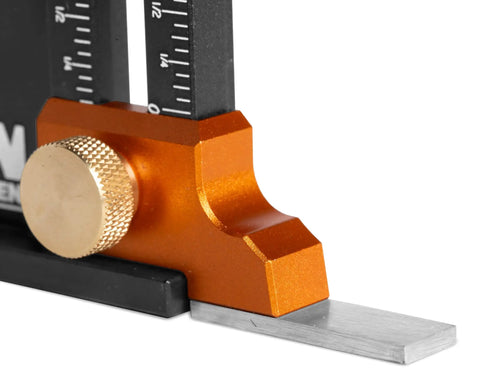 Professional Grade Two Inch Dual Scale Tool Setup And Height Gauge for Band Saws Table Saws Router Tables and Drill Presses close-up of measurement knob and scale.