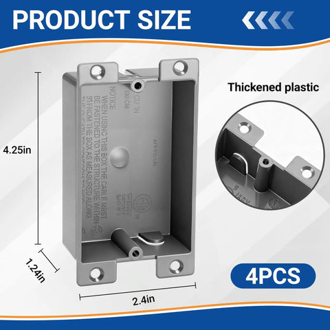 Bulk 4 Pack Plastic Shallow Electrical Boxes 8 Cu In Grey Single Gang Old Work Junction Boxes For Outlets And Switches ETL Certified And Easy Install Today, 4.25x2.4x1.24 in