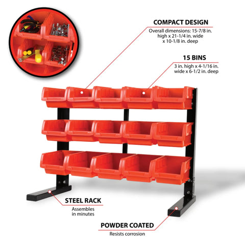Heavy Duty 15 Bin 3 Tier Table Top Storage Organizer Rack With Wall Mount Brackets Removable Bins Powder Coated Steel in use