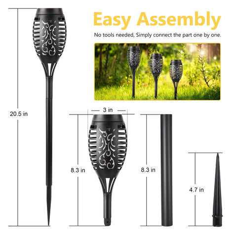 12 Pack Solar Torch Lights With Flickering Flames For Outdoor Use shown in parts for easy assembly and size illustration