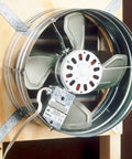 Gable Mount Attic Ventilator with 1600 CFM, galvanized steel housing, durable ribbed body, 14 inch blade installed in frame