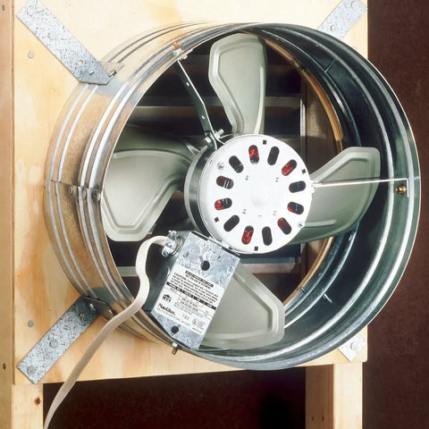 Gable Mount Attic Ventilator with 1600 CFM, galvanized steel housing, durable ribbed body, 14 inch blade installed in frame