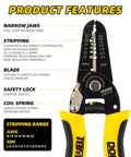 10-22 AWG Wire Stripper Cutter And Multi-Function Hand Tool showing features like narrow jaws, stripping range, blade, and safety lock.