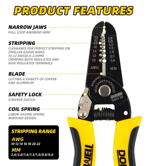10-22 AWG Wire Stripper Cutter And Multi-Function Hand Tool showing features like narrow jaws, stripping range, blade, and safety lock.
