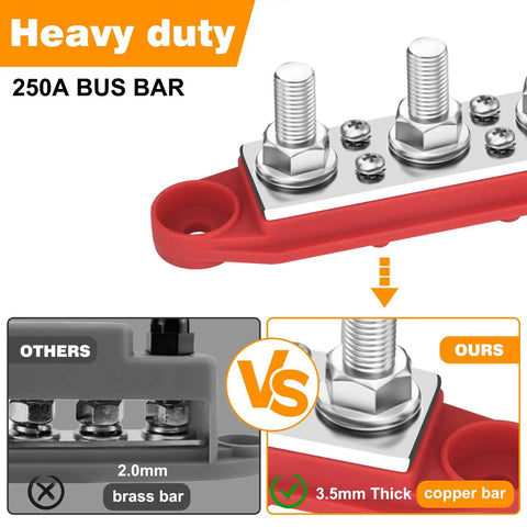 Heavy Duty 250A Power Distribution Block Pair With Thick Copper Busbar Terminal Strips For 12V Marine Boat Truck Car Audio Systems, side view