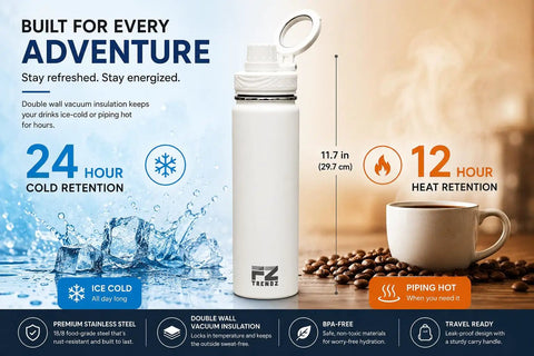 Image of 26 Oz MagSafe Water Bottle With Snap On Phone Cradle Double Wall Steel, showcasing cold and heat retention features.