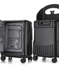 Bulyoou 20-inch ride-on kid luggage with seat, black; open interior with pockets, four spinner wheels