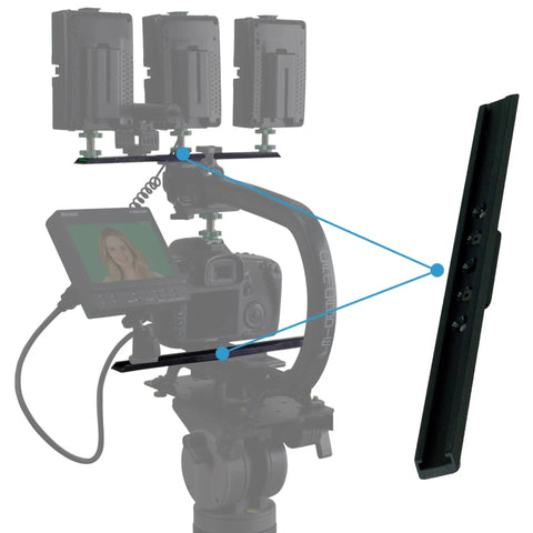 Scorpion Accessory Wing And Shoe Kit for Camera Rigs flexible mounts with LED lights and microphone setup on tripod.