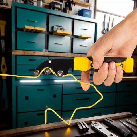 Heavy Duty Precision Stainless Steel Cable Straightener For Electricians in use, straightening yellow wire in a workshop.