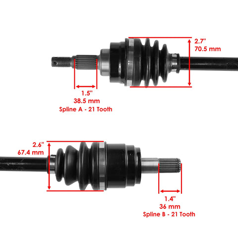 Front Left And Right CV Joint Axle Kit For Honda Foreman 500 4x4 2005-2013 And Rincon 680 4x4 2006-2023 Dual Axle Beefy Replacement Fit For Trx Foreman Rubicon Es Eps Models, shown with 21-tooth spline and dimensions