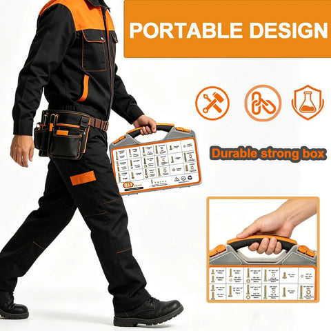 Built Tough Grade 8 SAE Bolt Kit With Storage Box, 859 Piece Hex Bolt Set in worker's hand, highlighting portable design