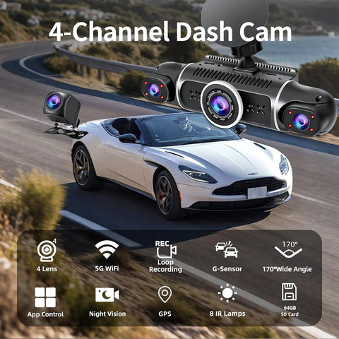 All-Around 360 Dash Cam With Four Lenses, Front, Rear, Interior And Side Views, 2K+1080P, showcasing car setup on road