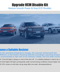 Three SUVs parked with a sign for 'Upgrade VCM Disable Kit' highlighting resistor options for Honda and Acura vehicles.