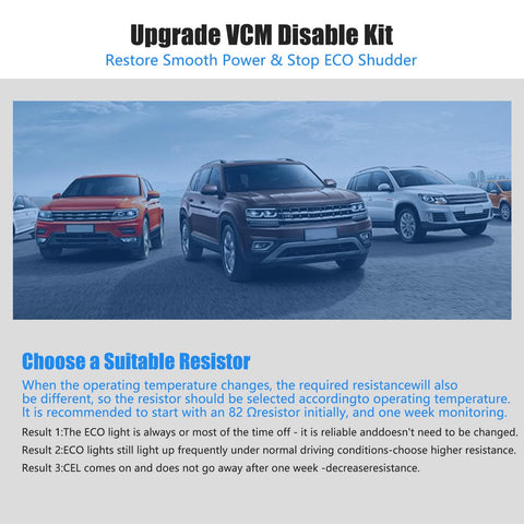 Three SUVs parked with a sign for 'Upgrade VCM Disable Kit' highlighting resistor options for Honda and Acura vehicles.