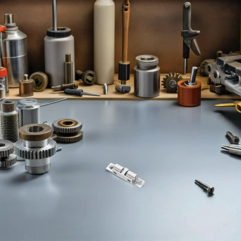 Copper Ball Door Catch Cabinet Latch Hardware Set 50mm Silver Roller Catch placed on workbench with tools