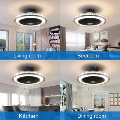 Quiet Bladeless Ceiling Fan With Lights And Remote 20 Inch Black Low Profile Flush Mount Three Speeds installed in room settings