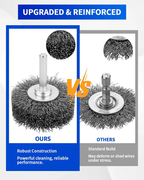 Comparison of Two Pack 2 Inch Wire Wheel Brush For Drill Heavy Duty Carbon Steel Wire with competitor, showing construction differences.