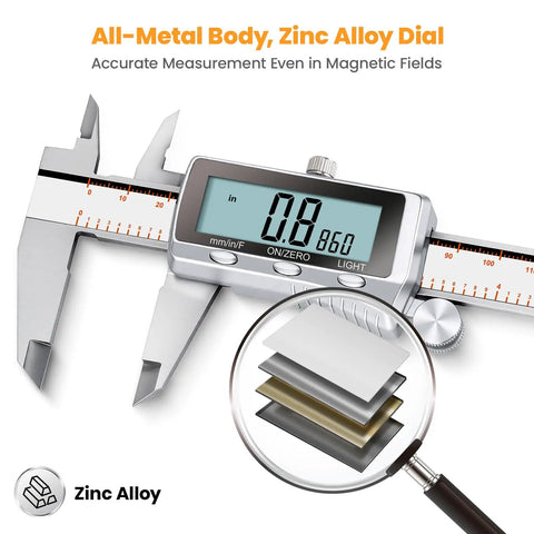 Beefy Rechargeable Digital Caliper With Backlit LCD All Metal Measuring Tool Auto Off Inch mm Fraction 6 Inch Ideal For DIY