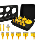 Heavy Duty Diamond Hole Saw Kit With 11 Piece Drill Bits and Chamfer Tool For Tough Porcelain Ceramic Granite Marble Rock And Hard Materials Using Bench Drill, showing yellow diamond bits and hex tool.