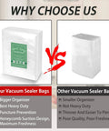 Comparison of Heavy Duty Vacuum Sealer Bags and Other Brands showing size and quality differences