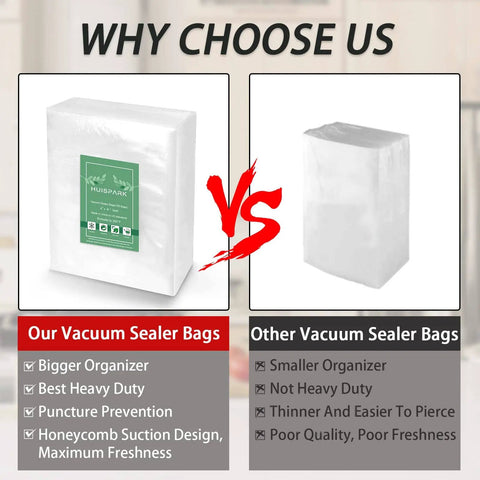 Comparison of Heavy Duty Vacuum Sealer Bags and Other Brands showing size and quality differences