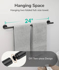 Matte Black Towel Bar 24 Inch Wall Mounted Stainless Steel Towel Rack Split In Two Parts For Total Length 26 Inch with two towels