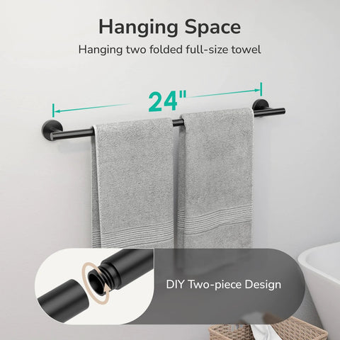Matte Black Towel Bar 24 Inch Wall Mounted Stainless Steel Towel Rack Split In Two Parts For Total Length 26 Inch with two towels