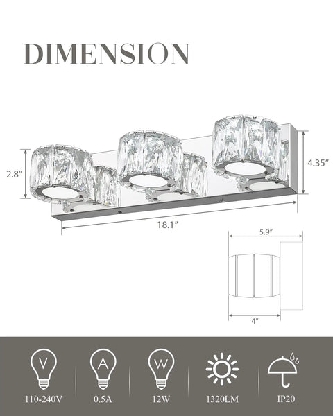 Dimensions of 3 Light LED Crystal Vanity Fixture In Chrome Finish With K9 Crystal Shades Modern Over Mirror Bathroom Light Bar 6000K Cool White Energy Efficient LED Lighting For A Lux Spa Vibe showing measurements and technical specs.