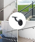Heavy Duty Hand Rail Bracket Set 6 Pack For Stairs And Banisters, Matte Black Zinc Alloy Wall Mounts, used in varied stairways.