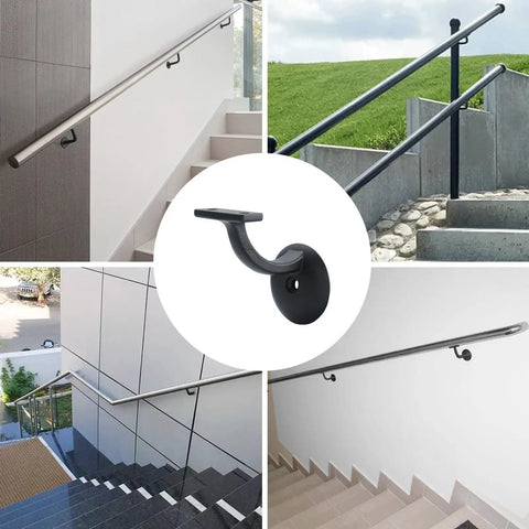 Heavy Duty Hand Rail Bracket Set 6 Pack For Stairs And Banisters, Matte Black Zinc Alloy Wall Mounts, used in varied stairways.