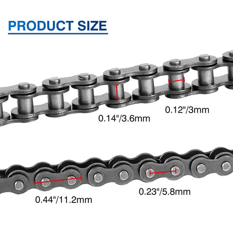 Heavy Duty Number 25 Roller Chain Kit dimensions with diameter and length for go-karts, mini bikes, scooters, dirt bikes, Razor bikes, bicycles