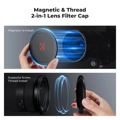 Magnetic 1 Second Swap 77mm Circular Polarizing Filter for DSLR Cameras With Magnetic Adapter Ring shown with cap install options